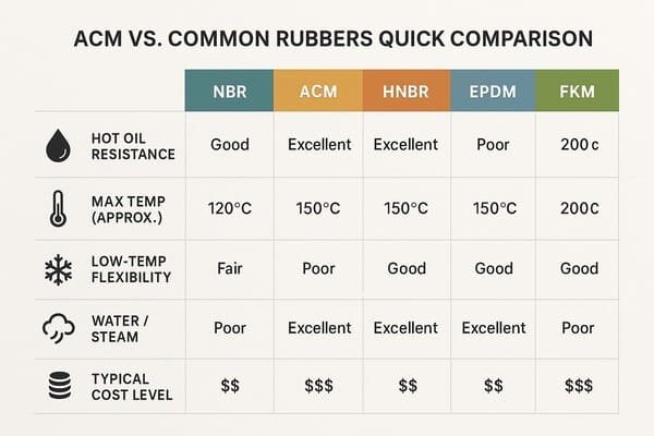 ACM vs common rubbers comparison table, NBR ACM HNBR EPDM and FKM columns, shows ratings for hot oil resistance max temperature low-temp flexibility water or steam and cost level.