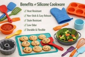 Benefits of silicone cookware infographic, colorful utensils and bakeware, highlights heat resistance, nonstick release, low odor.