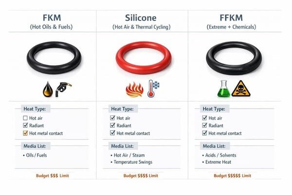 FKM vs silicone vs FFKM O-ring comparison chart, heat type checkboxes and media icons, budget levels for seal selection.