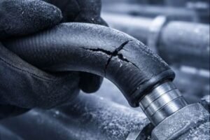 Cracked rubber hose under low temperature, brittle failure from cold-induced stiffness, close-up of elastomer fracture.