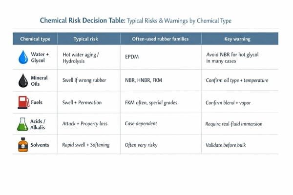 Rubber chemical compatibility table, five chemical types with risk warnings, EPDM NBR HNBR FKM notes, guiding seal selection.