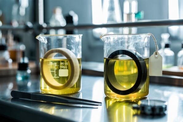Silicone vs natural rubber oil resistance test, two O-rings immersed in yellow fluid in glass beakers on lab bench.