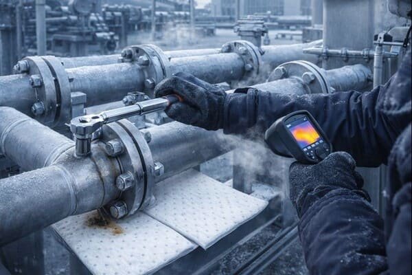 Technician inspecting frozen pipeline with thermal camera, detecting cold start leaks and elastomer seal hardening.