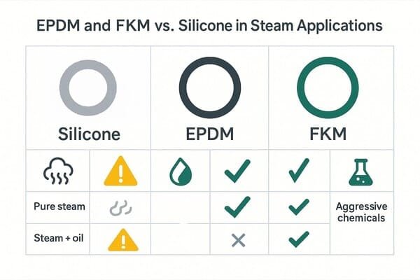 EPDM and FKM vs silicone steam chart, materials compared with icons for pure steam, steam plus oil and aggressive chemicals.