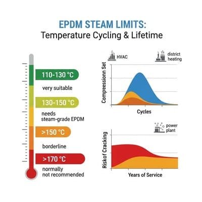 EPDM steam limits chart, thermometer scale with temperature ranges, graphs showing compression set and cracking risk over service life.