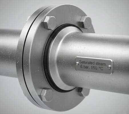 Steam-grade EPDM flange gasket, bolted stainless steel pipe joint with nameplate marked saturated steam 6 bar 150 °C in operation.