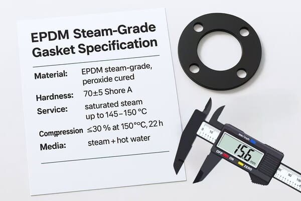 EPDM steam-grade gasket spec, black flange gasket with digital caliper reading 15.6 mm thickness for saturated steam service.