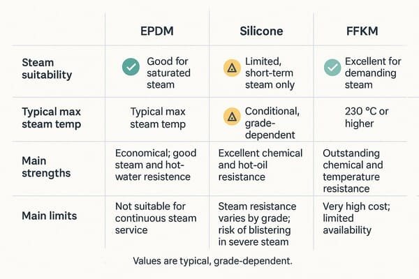 Steam gasket material comparison table, EPDM vs silicone vs FFKM, steam suitability, max steam temperature, strengths and limits.