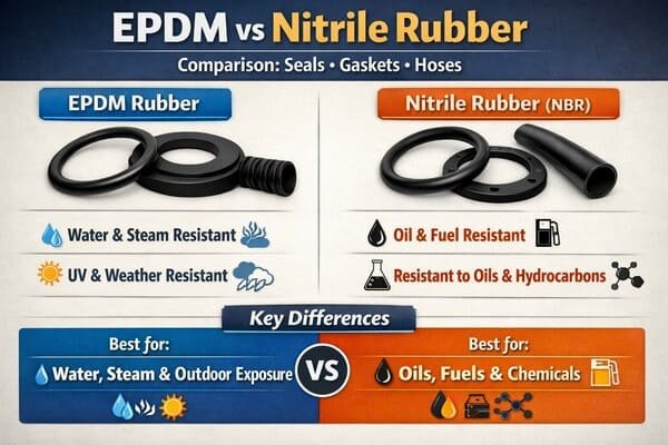 EPDM vs nitrile rubber infographic, seals gaskets hoses icons, shows water steam weather resistance vs oil fuel resistance.