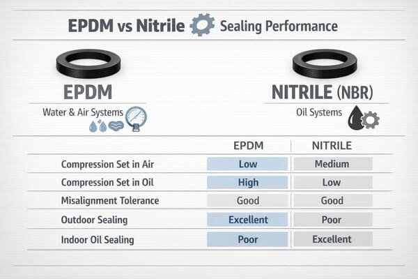 EPDM vs nitrile sealing performance chart, compares compression set in air and oil, outdoor sealing vs indoor oil sealing.