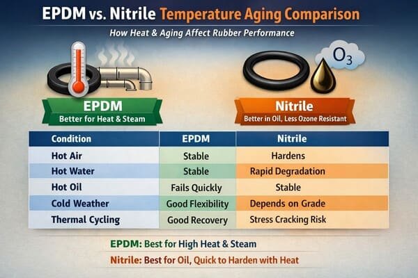 EPDM vs nitrile temperature aging comparison, table shows performance in hot air hot water hot oil cold weather and thermal cycling.