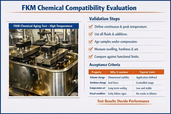 FKM chemical compatibility evaluation, high-temperature aging fixture photo, validation checklist and acceptance criteria table.