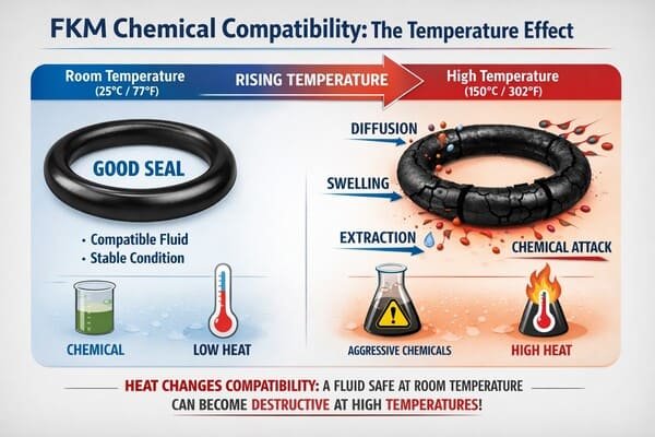 FKM temperature effect on chemical compatibility, O-ring seals at 25 C then cracks at 150 C, shows swelling diffusion extraction.