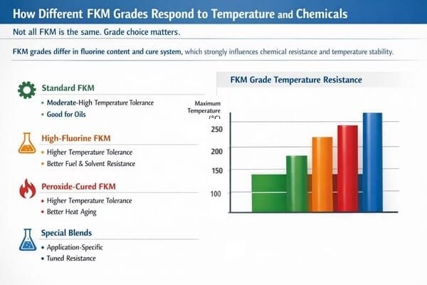 FKM grade temperature resistance chart, standard vs high-fluorine vs peroxide-cured, bar graph compares max heat limits.