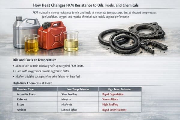FKM oil fuel resistance at high temperature, fuel can and beakers beside damaged O-rings, table flags aromatics ketones esters.