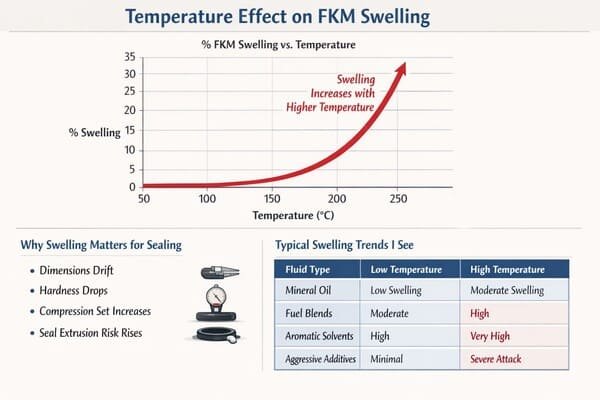 FKM swelling vs temperature chart, swelling curve rises with heat, table compares mineral oil fuel blends aromatic solvents.