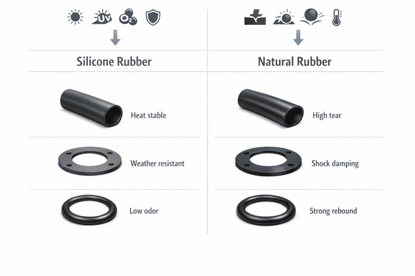 Silicone rubber vs natural rubber comparison chart showing sleeves, gaskets, and O-rings with performance icons and keywords.