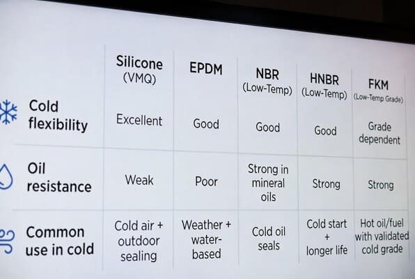 Comparison chart of silicone, EPDM, NBR, HNBR, and FKM elastomers showing cold flexibility and oil resistance ratings.