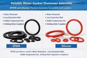 Potable water gasket elastomer selection infographic, EPDM vs silicone O-rings shown, highlights water resistance and low extraction risk.