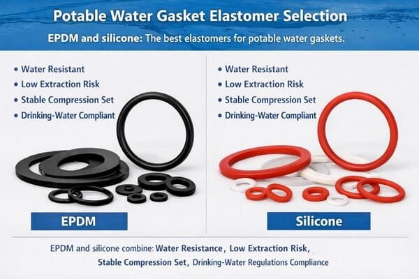 Potable water gasket elastomer selection infographic, EPDM vs silicone O-rings shown, highlights water resistance and low extraction risk.