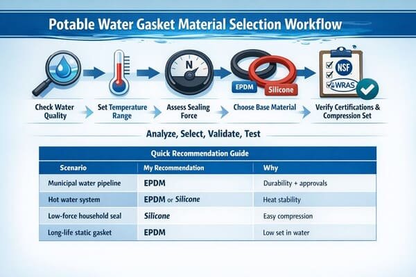 Potable water gasket material selection workflow infographic, step-by-step icons and recommendation table, guides EPDM or silicone choice.