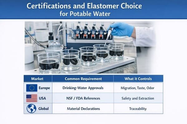 Potable water rubber certification infographic, lab testing scene with sample cups, compares Europe USA global drinking-water approval needs.