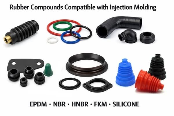 Rubber compounds compatible with injection molding product collage, O-rings hoses bellows and seals displayed, labeled EPDM NBR HNBR FKM silicone.