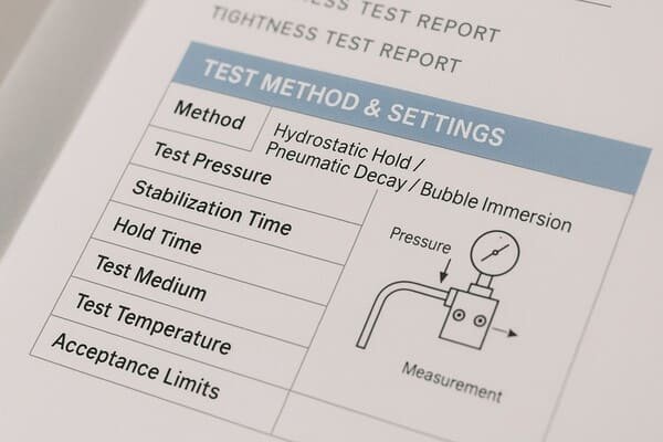 Tightness test report page, Test Method and Settings table, hydrostatic hold and pneumatic decay listed, documenting test
