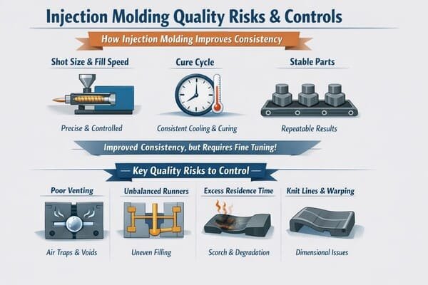 Rubber injection molding quality risks and controls, shows shot size fill speed and cure cycle, highlights poor venting runner imbalance scorch and warping.