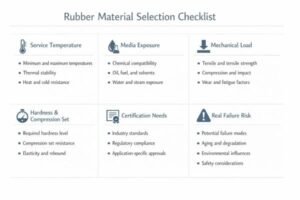 Rubber chemical compatibility table, five chemical types with risk warnings, EPDM NBR HNBR FKM notes, guiding seal selection.