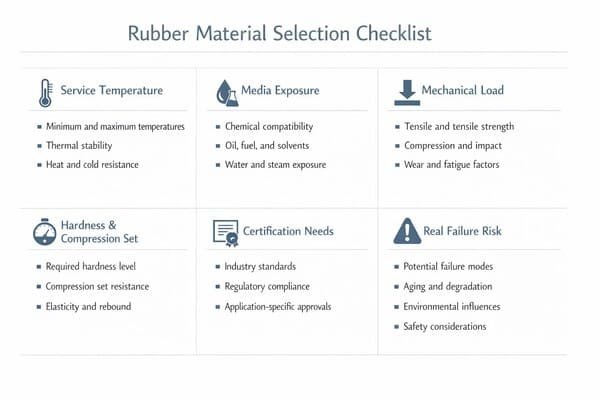 Rubber chemical compatibility table, five chemical types with risk warnings, EPDM NBR HNBR FKM notes, guiding seal selection.