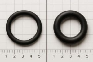 Rubber O ring swelling comparison, normal and swollen black seals on millimeter grid with ruler, showing increased cross section and overall size