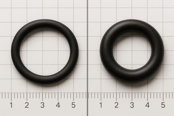 Rubber O ring swelling comparison, normal and swollen black seals on millimeter grid with ruler, showing increased cross section and overall size
