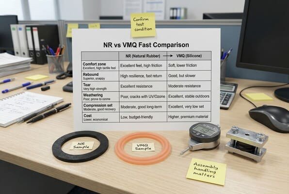 Natural rubber vs silicone rubber comparison, NR vs VMQ table on desk, gaskets and durometer gauge for material choice.