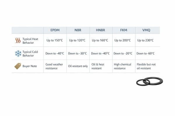 Rubber temperature range chart, compares EPDM NBR HNBR FKM VMQ heat and cold limits, with buyer notes and O-ring image.