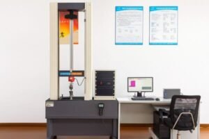 Rubber tensile testing machine, GOTECH tester with computer, stretching samples to measure tensile strength and elongation.