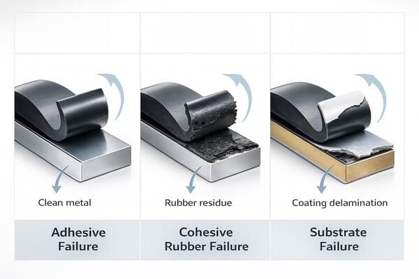 Rubber to metal bonding failure modes diagram, adhesive failure cohesive rubber failure substrate failure, peel test visuals, coating delamination shown.