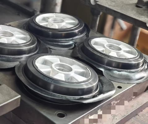 Rubber to metal bonded wheels in mold, multiple wheel assemblies on press fixture, black rubber around white hubs, bonding process control.