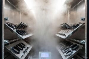 Salt spray test chamber, rubber sealing rings on angled racks, stainless-steel cabinet with heavy salt mist, corrosion exposure testing.