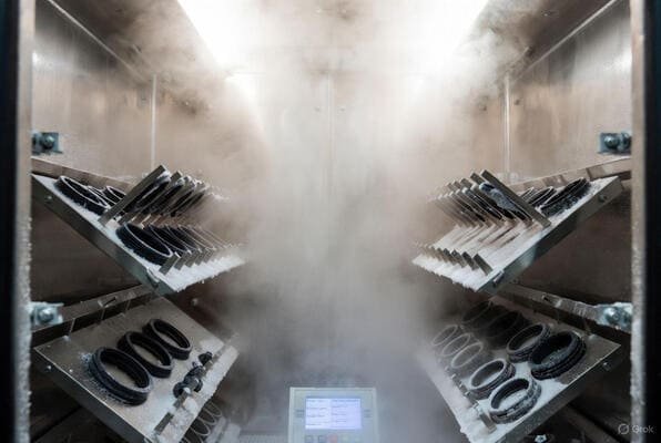 Salt spray test chamber, rubber sealing rings on angled racks, stainless-steel cabinet with heavy salt mist, corrosion exposure testing.