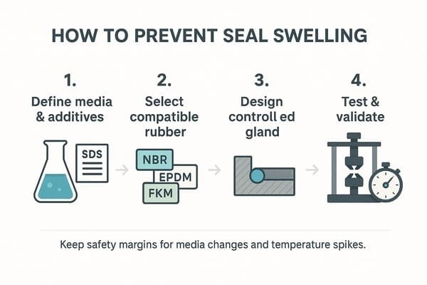Seal swelling prevention infographic, showing steps to define media and additives, select compatible NBR EPDM FKM rubber, design gland, test and validate