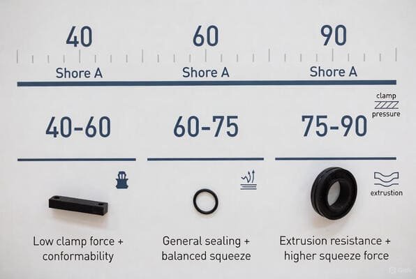 Shore A hardness guide for rubber seals, shows 40-60 60-75 75-90 ranges, with clamp pressure and extrusion resistance examples.