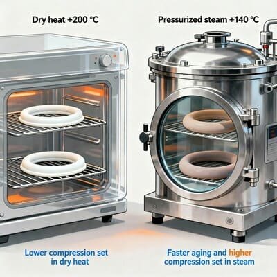 Silicone gaskets in dry heat oven and steam autoclave, illustration comparing compression set and aging in hot air versus steam.