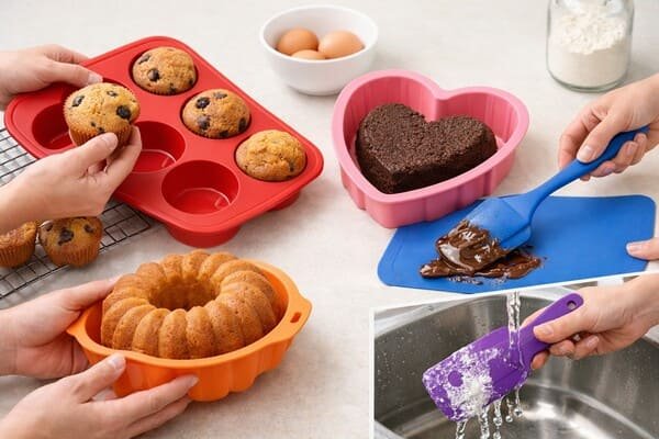 Silicone bakeware nonstick and easy cleaning scene, muffins released from mold, flexible cake pans, silicone spatula rinsed under water.