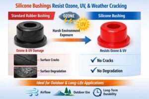 Silicone bushing ozone UV resistance infographic, cracked rubber bushing vs red silicone bushing, shows no cracks for outdoor use.