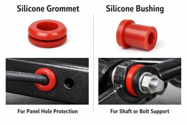 Silicone grommet vs silicone bushing comparison, red grommet protects panel hole for cable pass-through, red bushing supports shaft or bolt in mounting bracket.