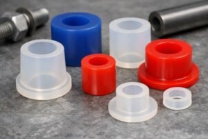Silicone bushings assortment photo, red blue and translucent rubber bushings with flanges, various sizes shown on a workshop surface for vibration isolation.