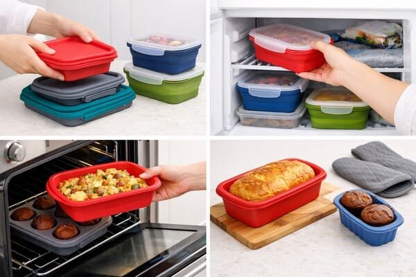 Silicone cookware flexible storage collage, stackable food containers, freezer to oven baking, reusable silicone loaf pans for meal prep.