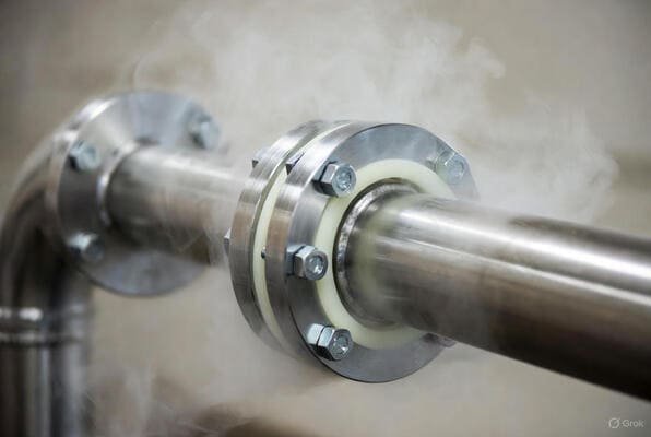 Silicone gasket on low pressure steam flange, white ring between stainless flanges with steam drifting around the joint.