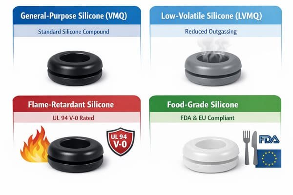 Silicone grommet compound options, VMQ and LVMQ rings, UL94 V-0 flame-retardant and FDA EU food-grade, compares types.